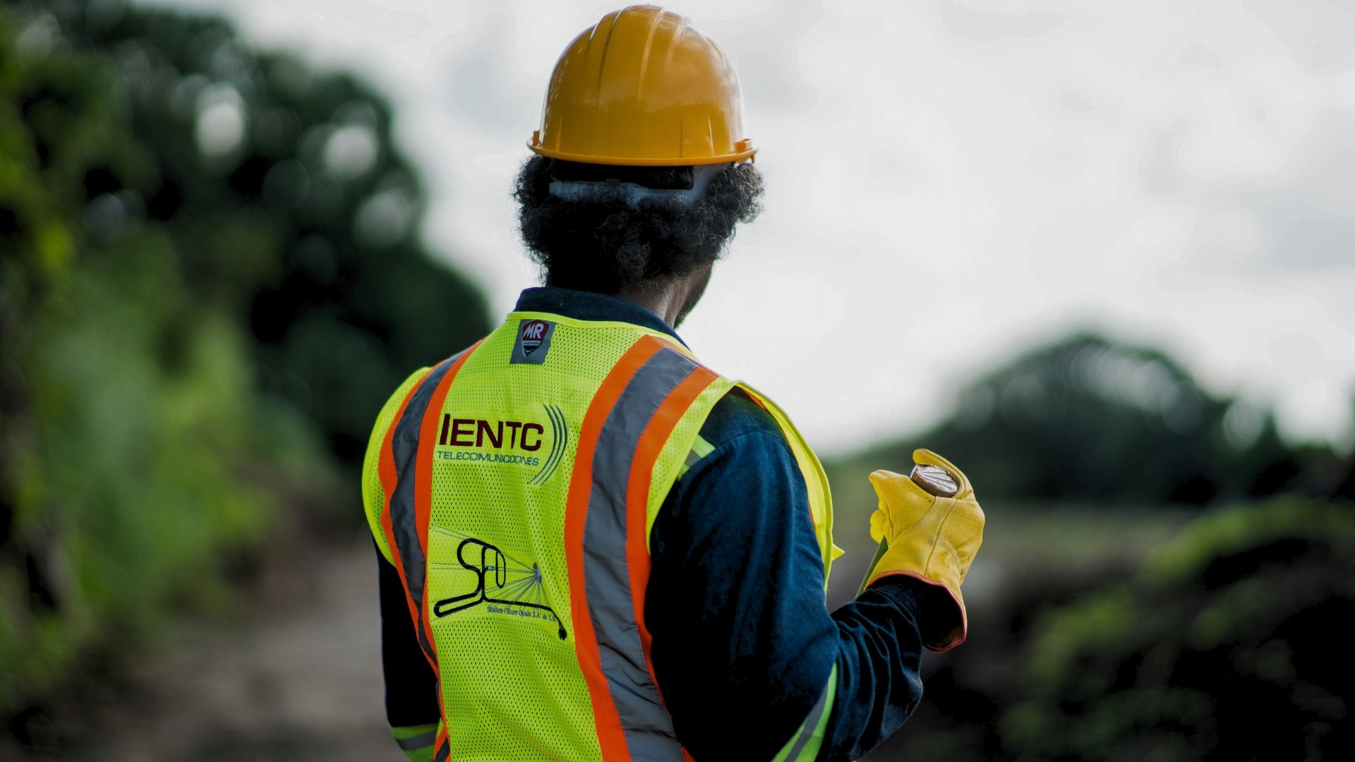 Técnico de IENTC con casco y chaleco de seguridad trabajando en campo.